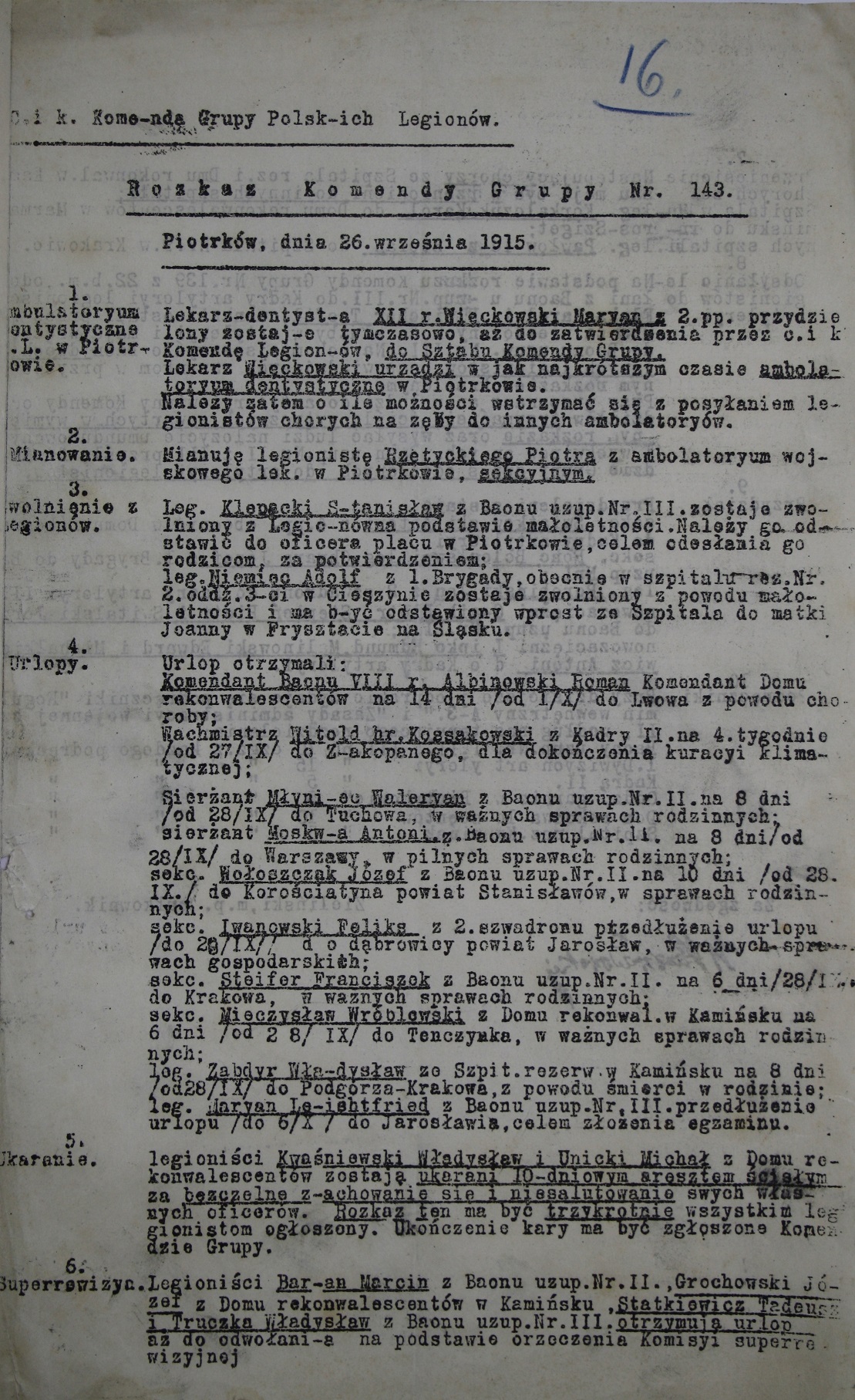 Rozkaz Komendy Grupy Legionów Polskich, Piotrków 26.09.1915 r.